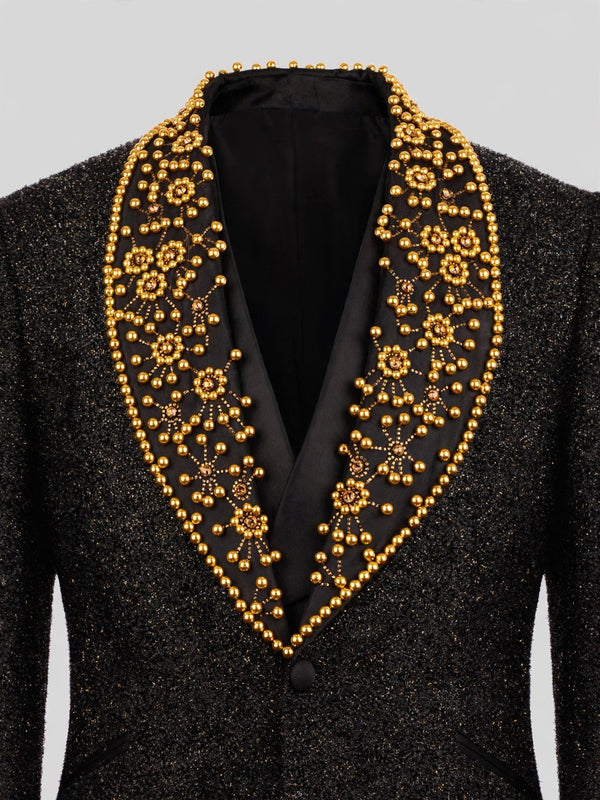 Onyx Gold Pearl-Floral Shawl-Collar Tuxedo Jacket 08