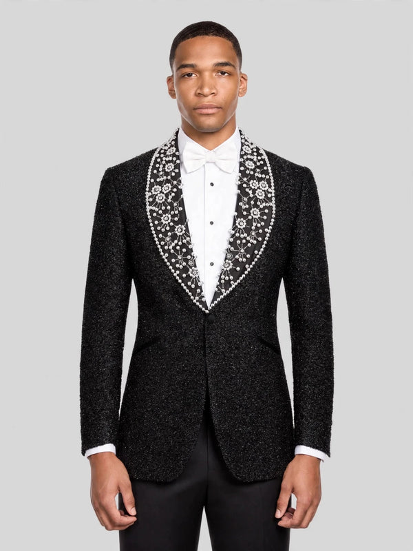 Onyx Silver Pearl-Floral Shawl-Collar Tuxedo Jacket 03