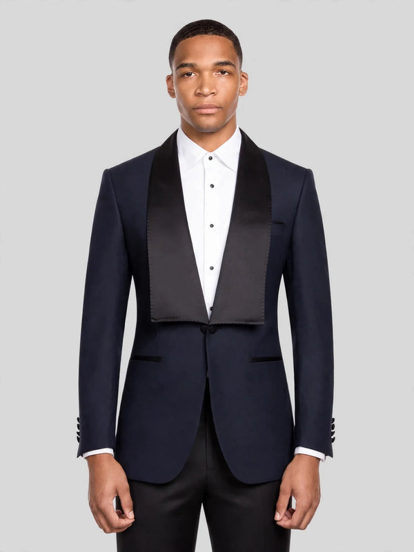 Midnight Navy Bib-Shawl Two-Button Tuxedo Jacket 01