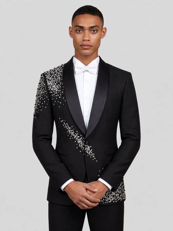 Onyx Silver Bead-Scatter Shawl-Collar Tuxedo Jacket 03