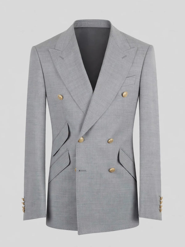 Silver Grey Gold-Button Ticket-Pocket Slant-Flap Peak-Lapel Double-Breasted Suit Jacket 07