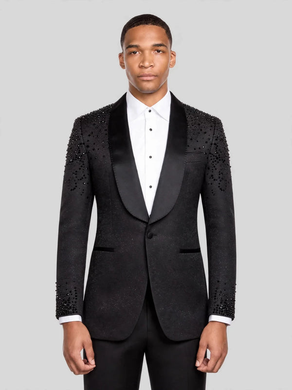 Onyx Jet Bead-Scatter Satin Shawl-Collar Tuxedo Jacket 01