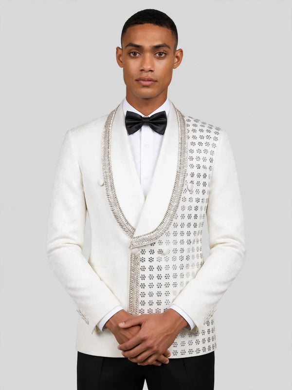 Ivory Silver Rope-Trim Crystal-Grid Shawl-Collar Double-Breasted Tuxedo Jacket 02