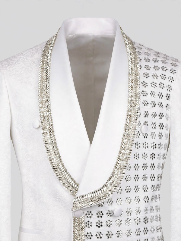Ivory Silver Rope-Trim Crystal-Grid Shawl-Collar Double-Breasted Tuxedo Jacket 08
