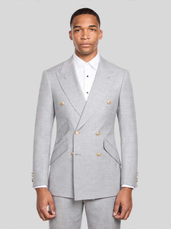 Silver Grey Gold-Button Ticket-Pocket Slant-Flap Peak-Lapel Double-Breasted Suit Jacket 01