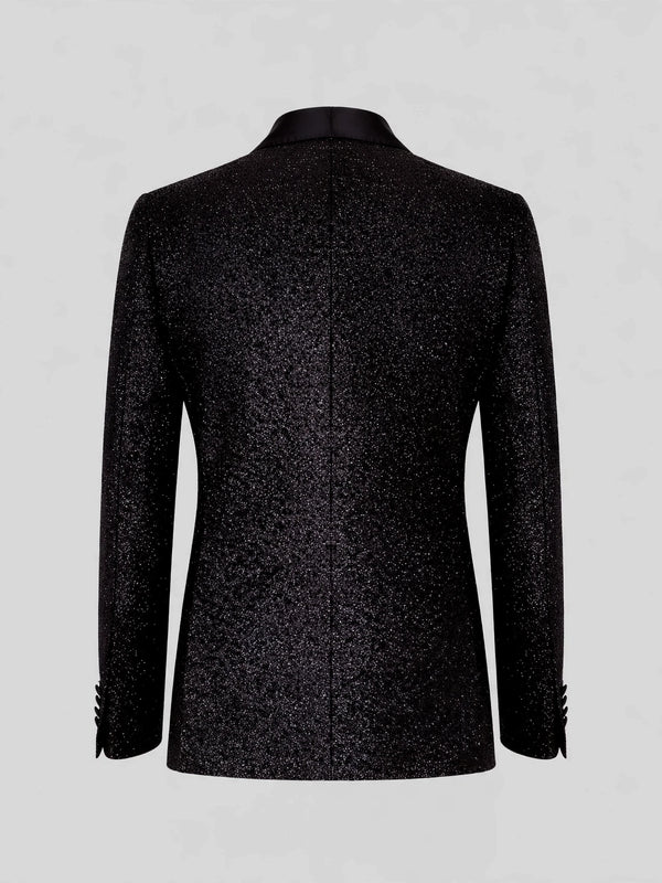 Onyx Glitter-Tweed Satin Shawl-Collar Single-Button Tuxedo Jacket 09