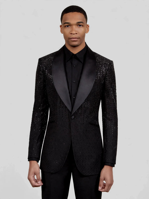 Onyx Silver Rain-Dot Shawl-Collar Tuxedo Jacket 04