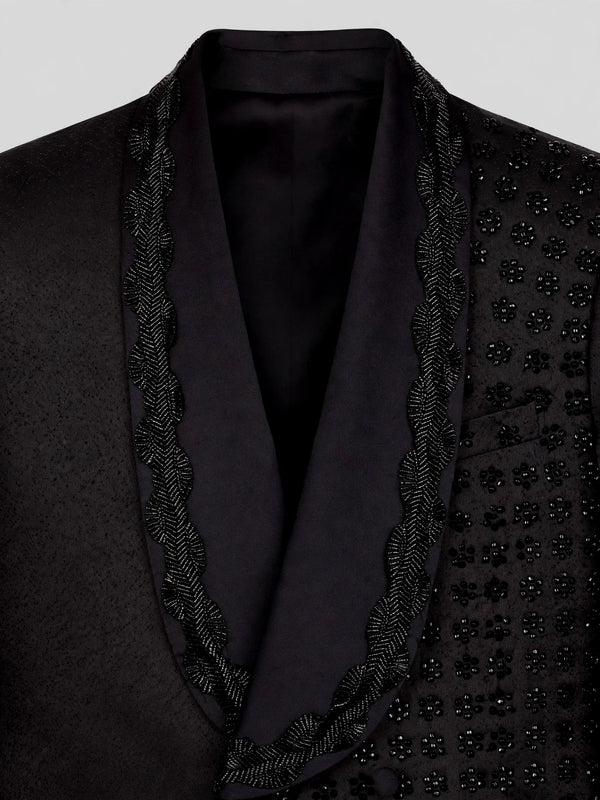 Onyx Jet Floral-Grid Asymmetric Shawl-Collar Double-Breasted Tuxedo Jacket 08