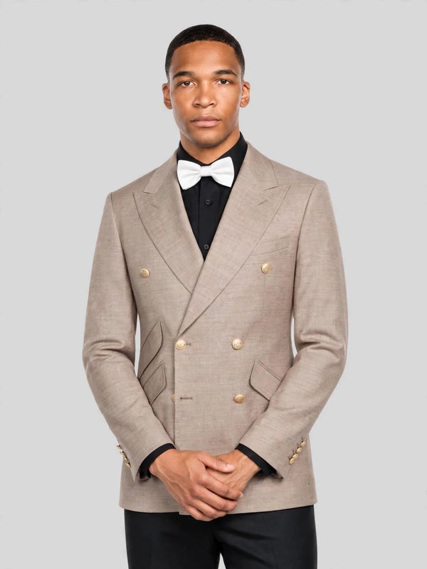 Taupe Gold-Button Slant-Flap Peak-Lapel Double-Breasted Suit Jacket 05