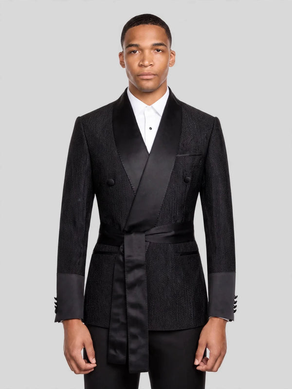 Onyx Ribbed-Weave Satin Shawl-Collar Sash-Belt Two-Button Double-Breasted Tuxedo Jacket 01