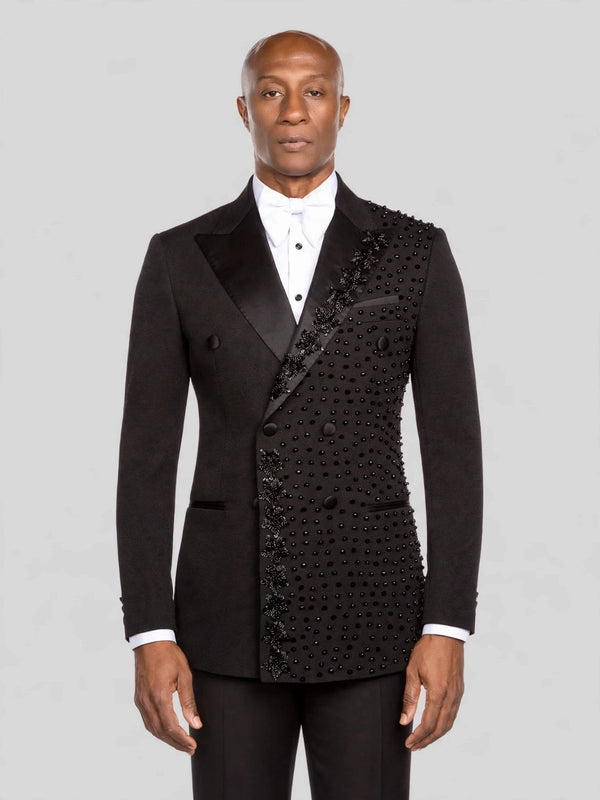 Onyx Jet Half-Bead Diagonal Peak-Lapel Double-Breasted Tuxedo Jacket - cover