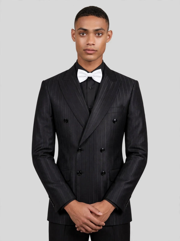 Charcoal Black Tonal-Stripe Six-Button Peak-Lapel Double-Breasted Suit Jacket 05