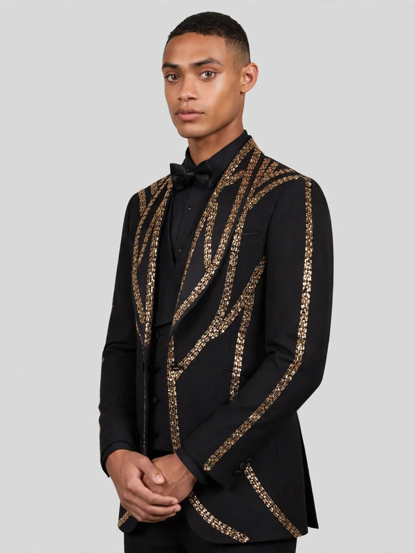 Onyx Gold Sequin Wave Peak-Lapel Tuxedo Jacket 06