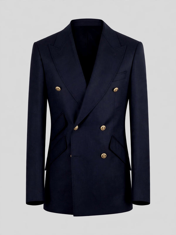 Midnight Navy Gold-Button Slant-Flap Peak-Lapel Double-Breasted Suit Jacket 07