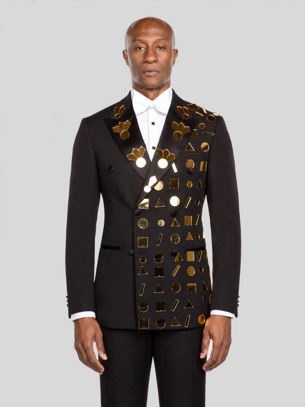 Onyx Gold Geometric Mirror Peak-Lapel Double-Breasted Tuxedo Jacket - cover
