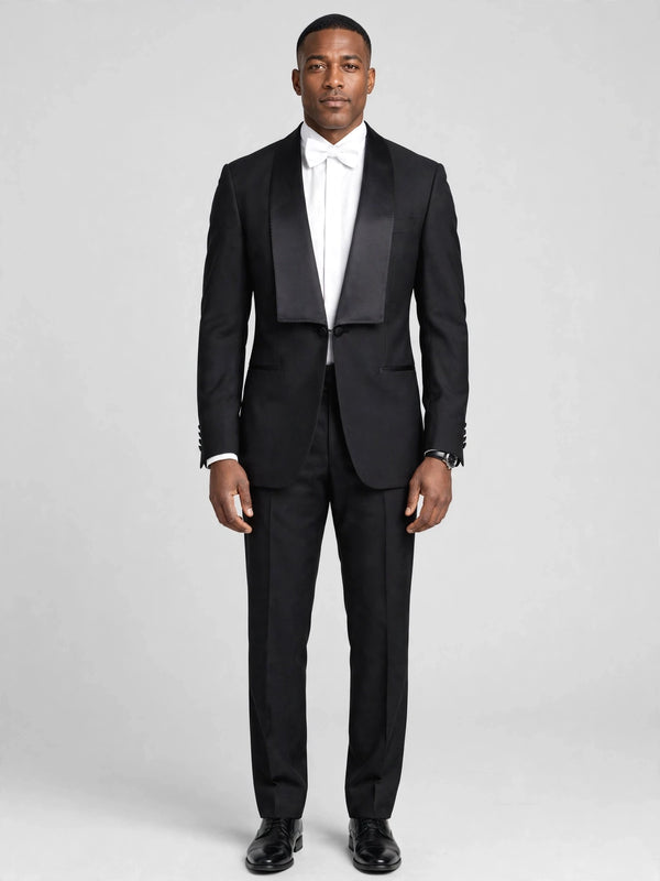 Onyx Square-End Satin Shawl-Collar Link-Front Tuxedo Jacket - cover