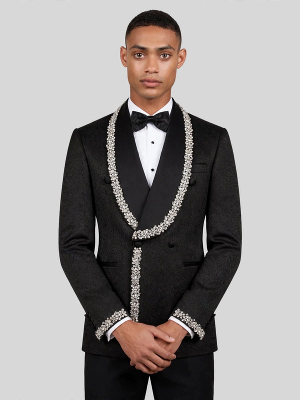 Onyx Matte Silver Crystal-Trim Shawl-Collar Double-Breasted Tuxedo Jacket 02