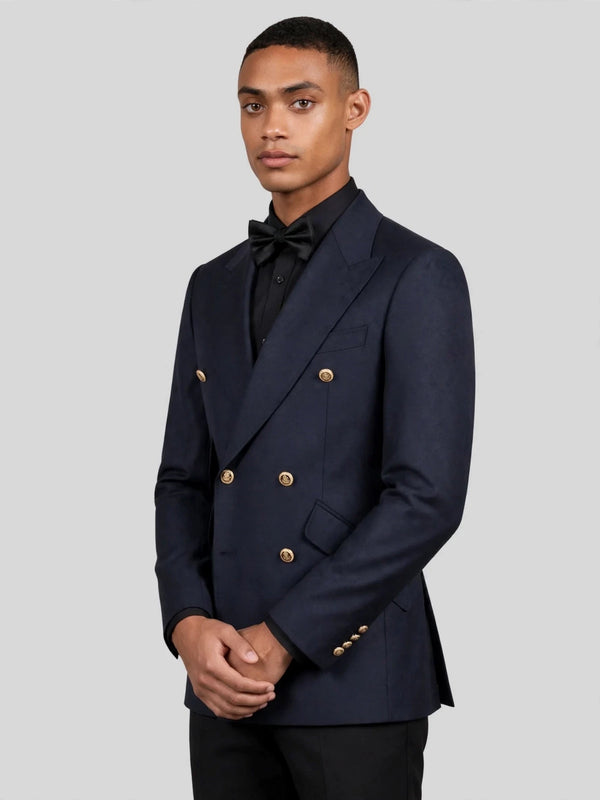 Midnight Navy Gold-Button Slant-Flap Peak-Lapel Double-Breasted Suit Jacket 06
