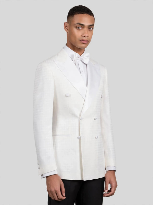 Ivory White Houndstooth Satin Peak-Lapel Double-Breasted Tuxedo Jacket 03