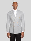Silver Grey Gold-Button Ticket-Pocket Slant-Flap Peak-Lapel Double-Breasted Suit Jacket - cover