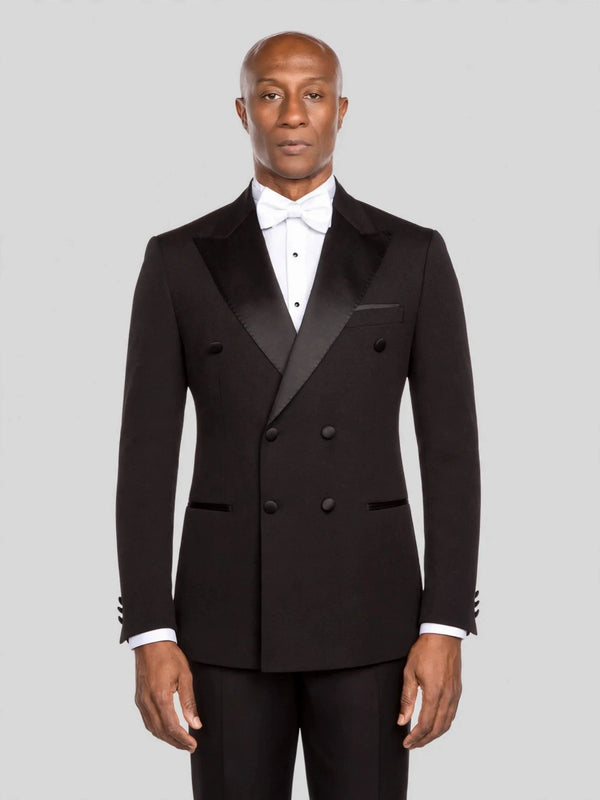 Onyx Satin Peak-Lapel Six-Button Double-Breasted Tuxedo Jacket - cover