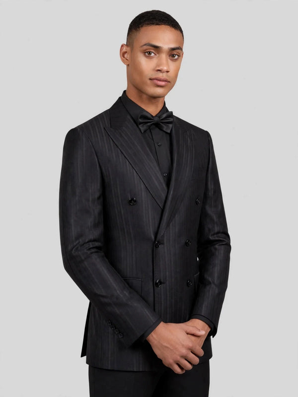 Charcoal Black Tonal-Stripe Six-Button Peak-Lapel Double-Breasted Suit Jacket 06