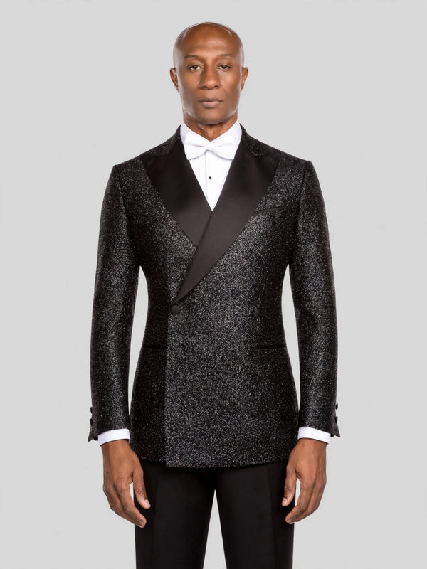 Onyx Silver-Speckle Satin Peak-Lapel Two-Button Double-Breasted Tuxedo Jacket - cover