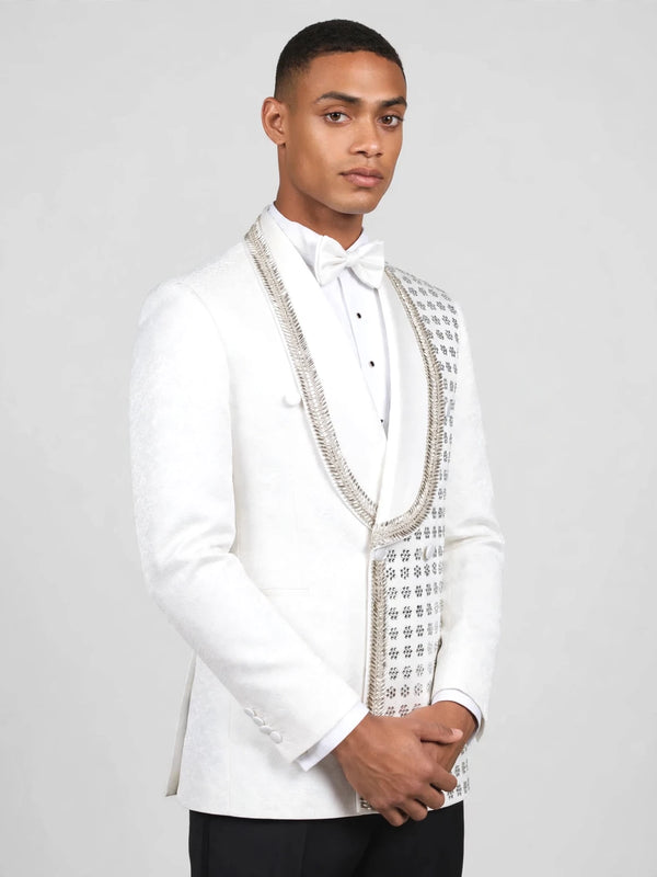 Ivory Silver Rope-Trim Crystal-Grid Shawl-Collar Double-Breasted Tuxedo Jacket 03