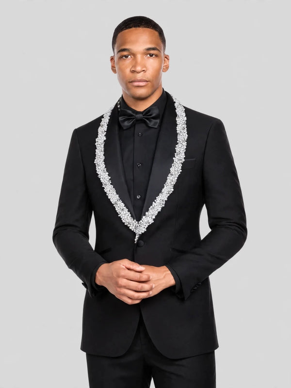 Onyx Silver Crystal Cluster Shawl-Collar Tuxedo Jacket 06