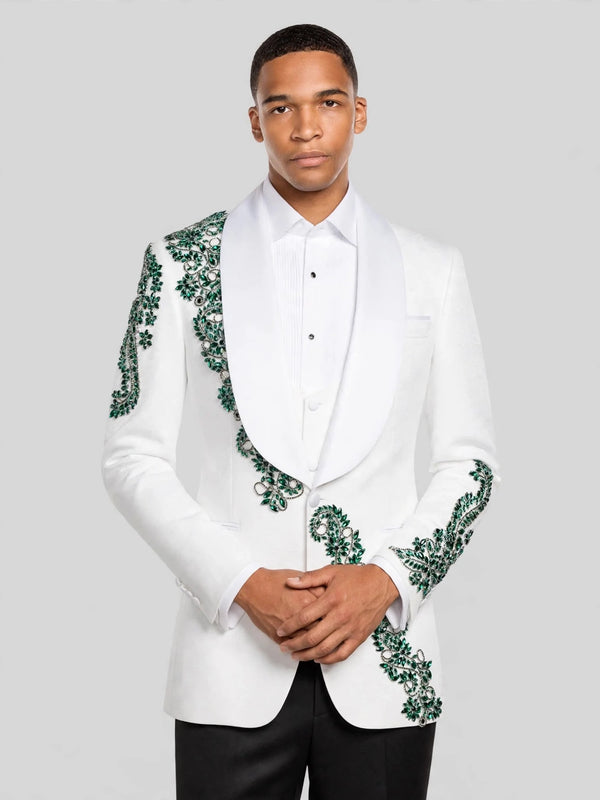 Ivory Emerald Crystal Shawl-Collar Tuxedo Jacket 01