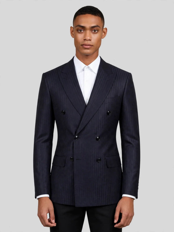 Midnight Navy Tonal Shadow-Stripe Six-Button Peak-Lapel Double-Breasted Suit Jacket 01