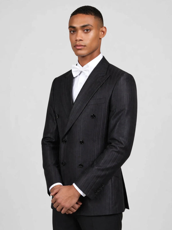 Charcoal Black Tonal-Stripe Six-Button Peak-Lapel Double-Breasted Suit Jacket 03