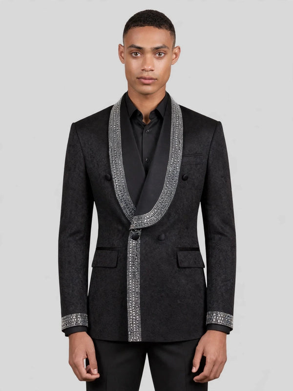 Onyx Silver Crystal-Grid Shawl-Collar Double-Breasted Tuxedo Jacket 04
