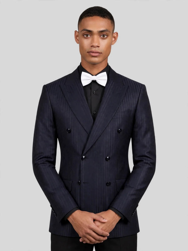 Midnight Navy Tonal Shadow-Stripe Six-Button Peak-Lapel Double-Breasted Suit Jacket 05