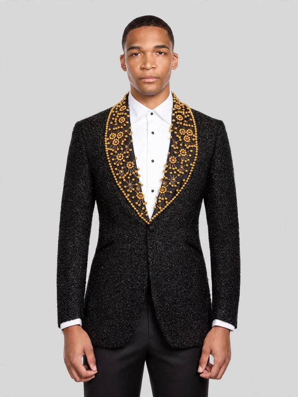 Onyx Gold Pearl-Floral Shawl-Collar Tuxedo Jacket 01