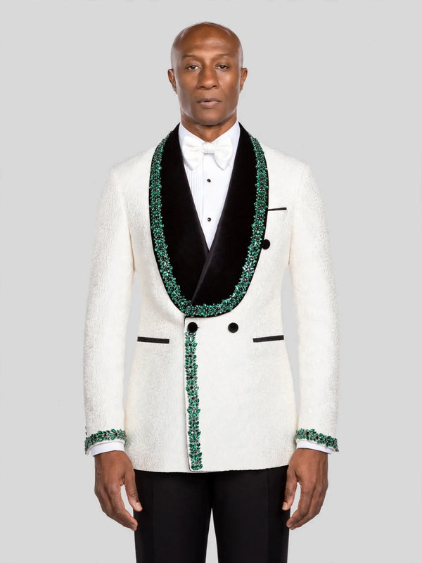 Ivory Emerald-Leaf Velvet Shawl-Collar Double-Breasted Tuxedo Jacket - cover