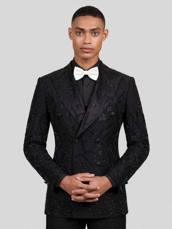 Onyx Jet Beaded Scroll-Vine Peak-Lapel Double-Breasted Tuxedo Jacket 05