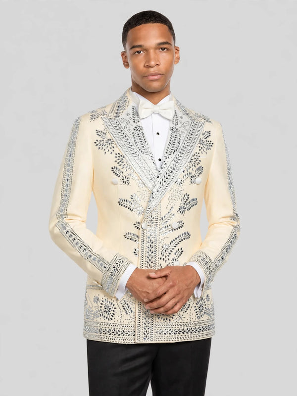 Cream Silver Mirror-Leaf Peak-Lapel Double-Breasted Tuxedo Jacket 03