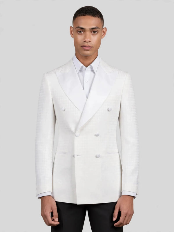 Ivory White Houndstooth Satin Peak-Lapel Double-Breasted Tuxedo Jacket 01