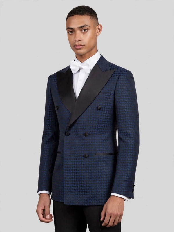 Navy Black Houndstooth Satin Peak-Lapel Double-Breasted Tuxedo Jacket 03