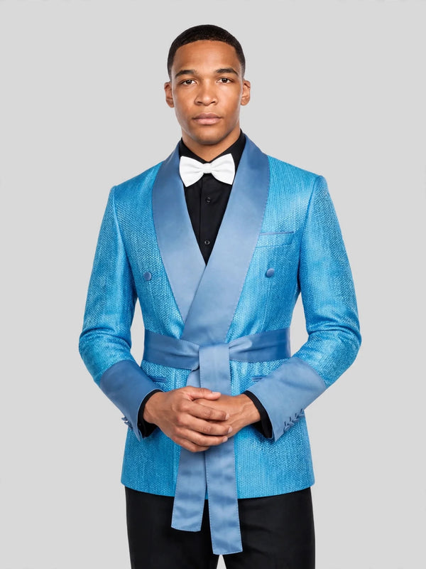 Turquoise Micro-Weave Dusty-Blue Satin Shawl-Collar Belted Double-Breasted Tuxedo Jacket 05