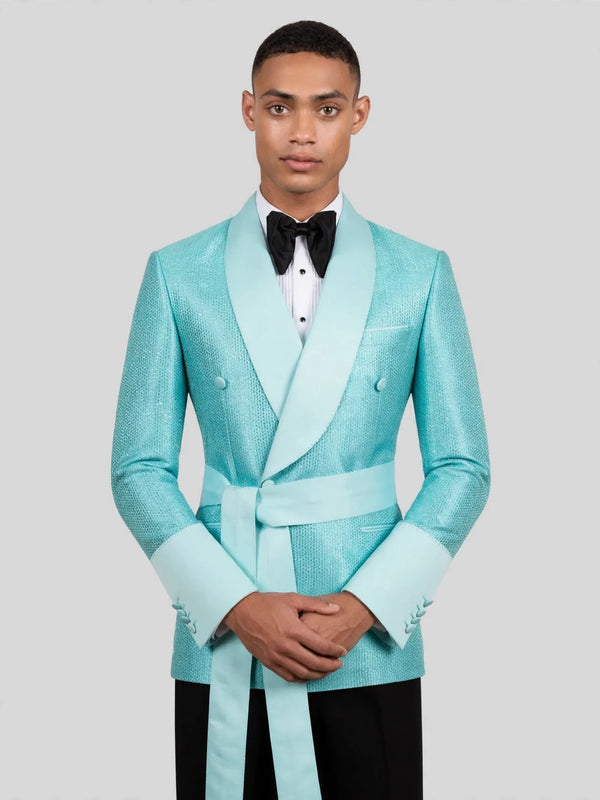 Aqua Mint Micro-Weave Satin Sash-Belt Shawl-Collar Tuxedo Jacket 02