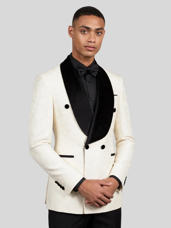 Ivory Grain-Jacquard Black Velvet Shawl-Collar Double-Breasted Tuxedo Jacket 06