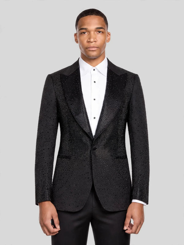 Onyx Jet Crystal-Dot Peak-Lapel Tuxedo Jacket 01