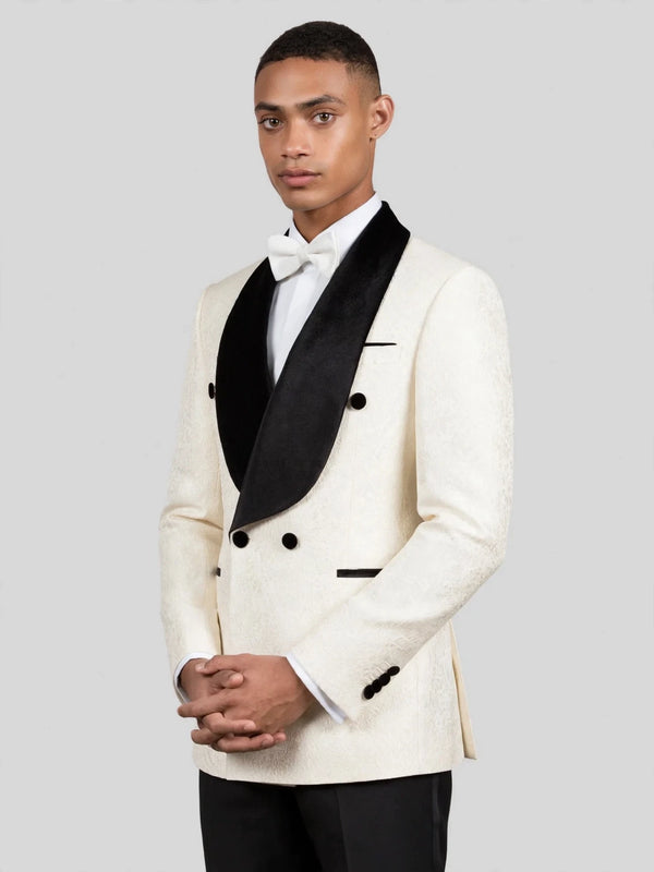 Ivory Grain-Jacquard Black Velvet Shawl-Collar Double-Breasted Tuxedo Jacket 03