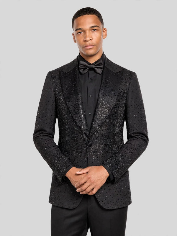 Onyx Jet Crystal-Dot Peak-Lapel Tuxedo Jacket 06