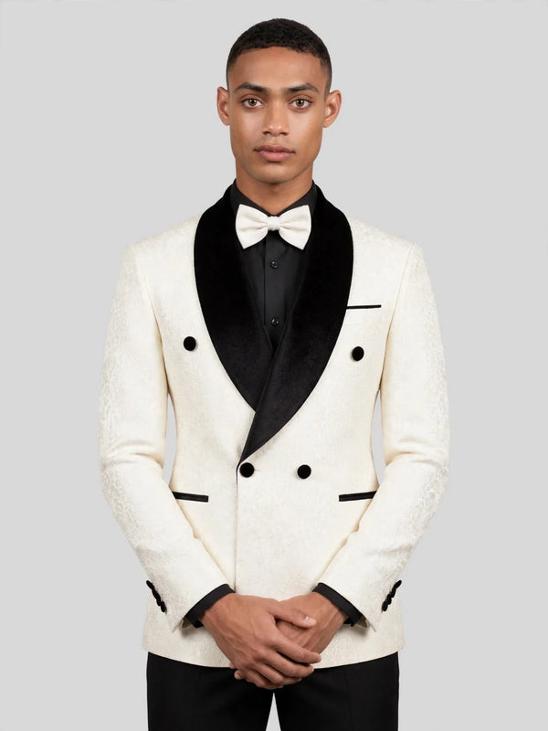 Ivory Grain-Jacquard Black Velvet Shawl-Collar Double-Breasted Tuxedo Jacket 05