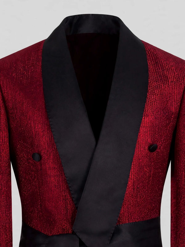 Crimson Shimmer Satin Shawl-Collar Sash-Belt Two-Button Double-Breasted Tuxedo Jacket 08