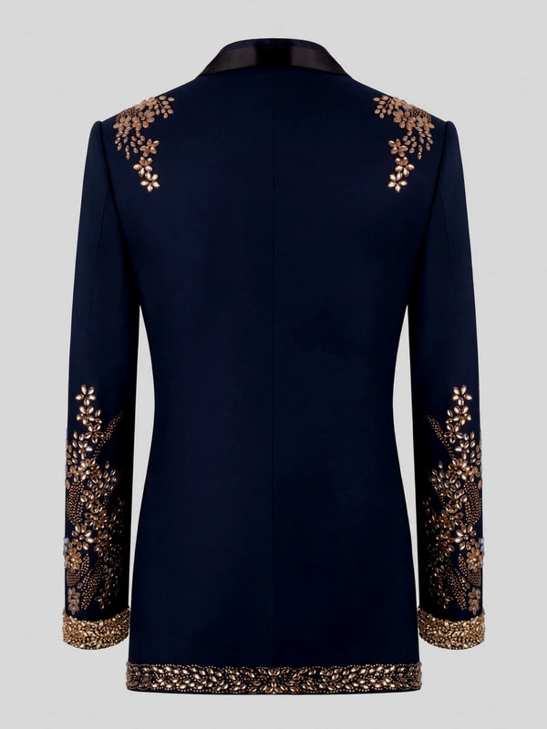 Midnight Navy Gold Crystal Floral Shawl-Collar Tuxedo Jacket 09