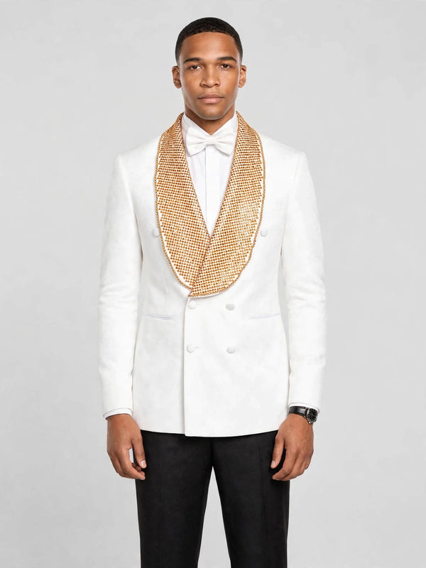 Ivory Gold Crystal-Mesh Shawl-Collar Double-Breasted Tuxedo Jacket - cover